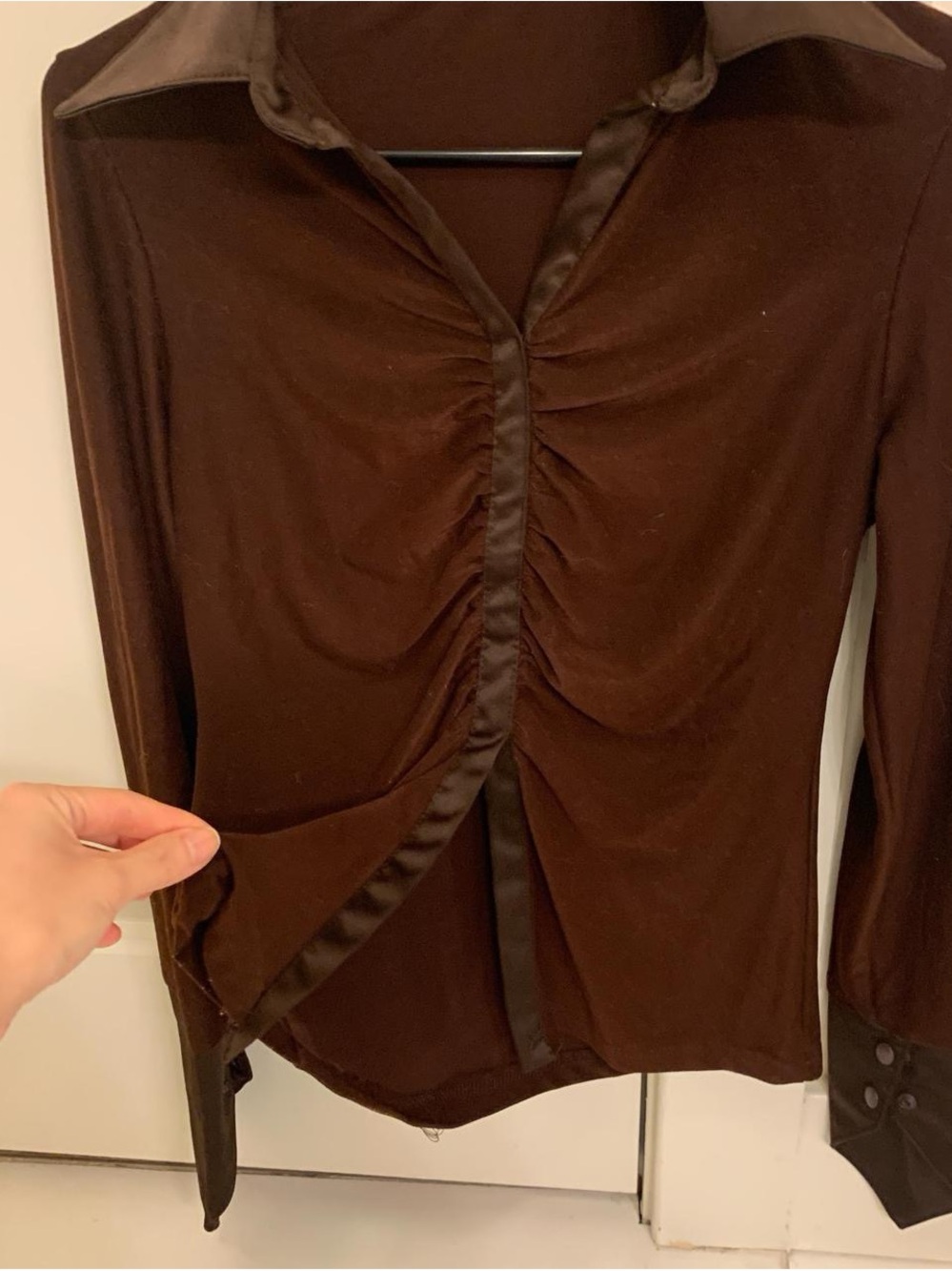 Brown Ruched Satin-Trim Long Sleeve Top